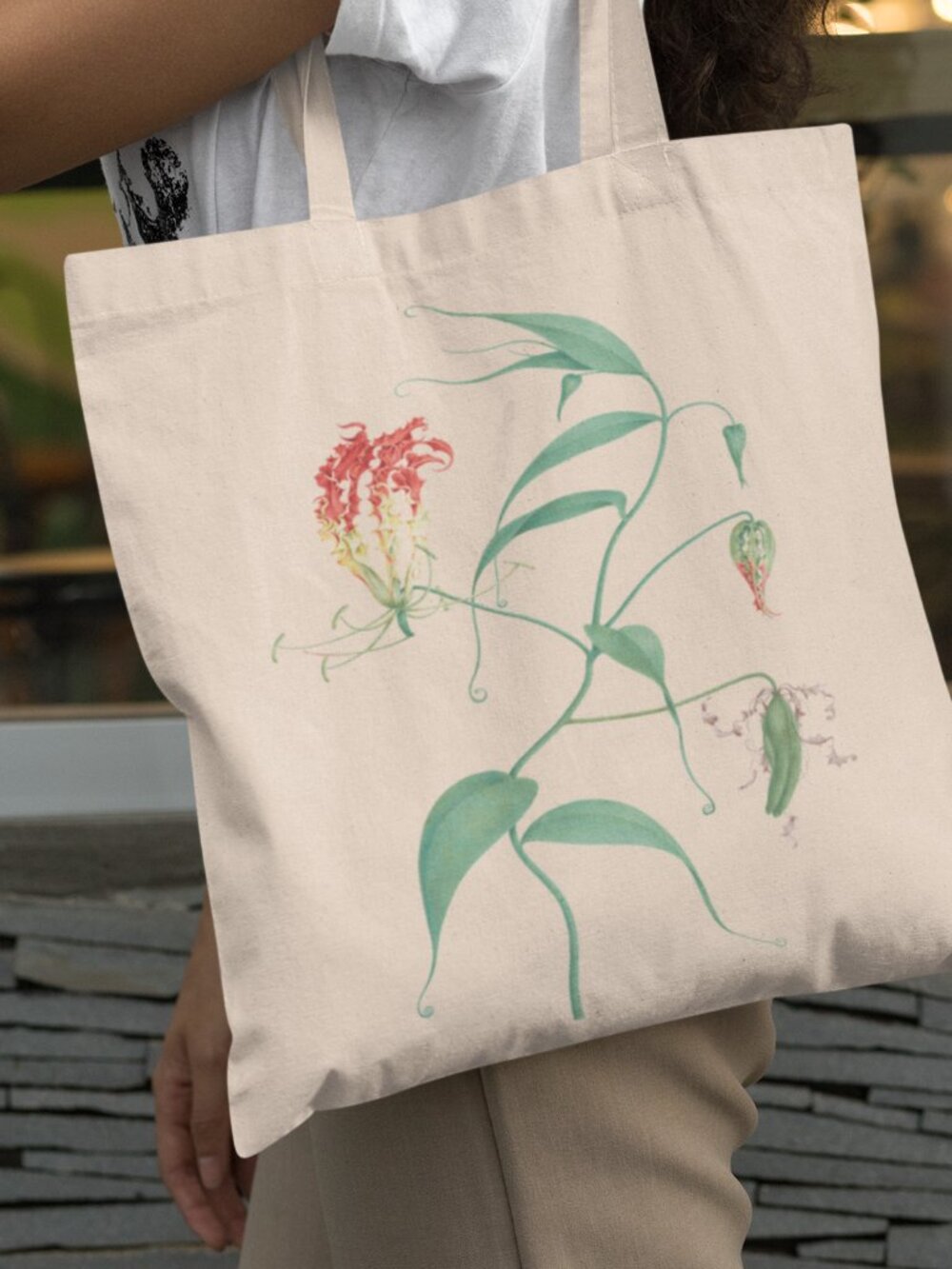 Climbing Lily Vintage Floral Print Graphic Canvas Tote Bag